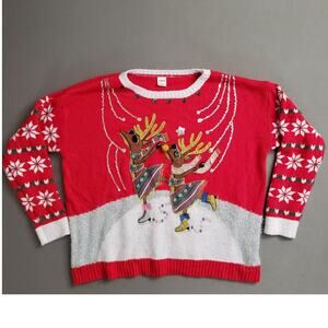 Holiday Time Sweater 1X (16W/18W) Dancing Reindeer with Snowflake‎ Sleeves